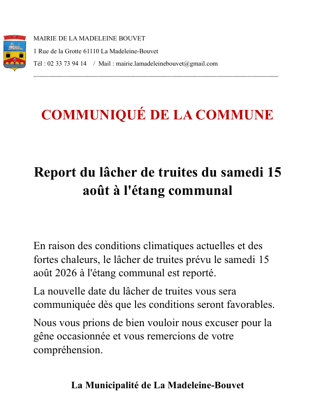 REPORT DU LACHER DE TRUITES DU 15 AOUT 2026